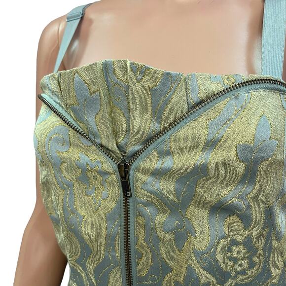 H&M Zip Front Brocade Mini Dress 6 Metallic Regencycore Marie Antoinette Damask - Picture 6 of 9